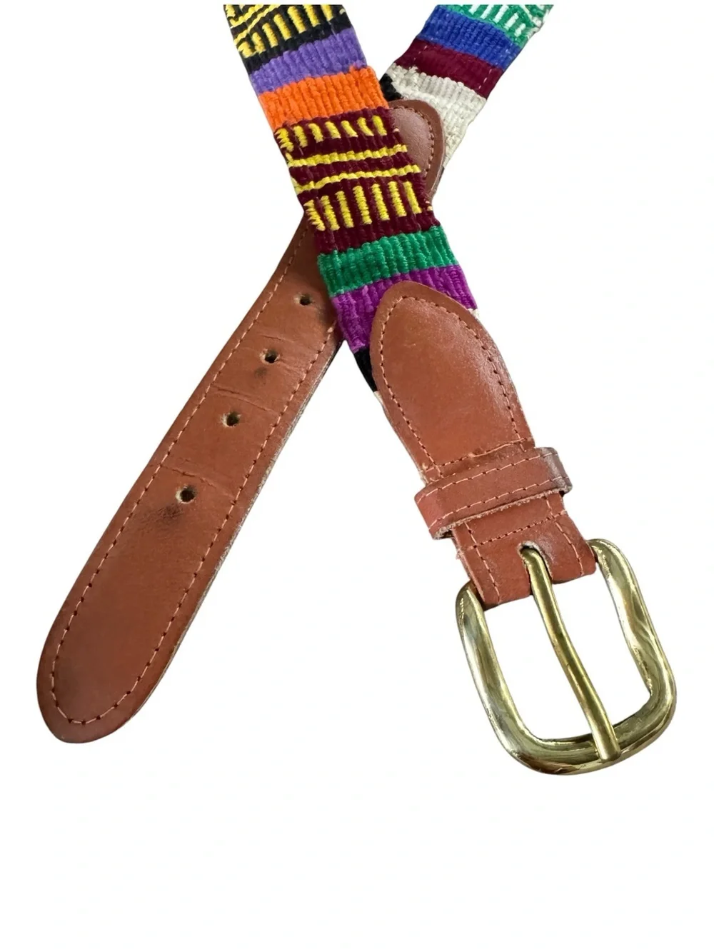 Vintage Guatemalan Woven Textile Leather Belt Sz 33 Multicolor Boho Southwestern
